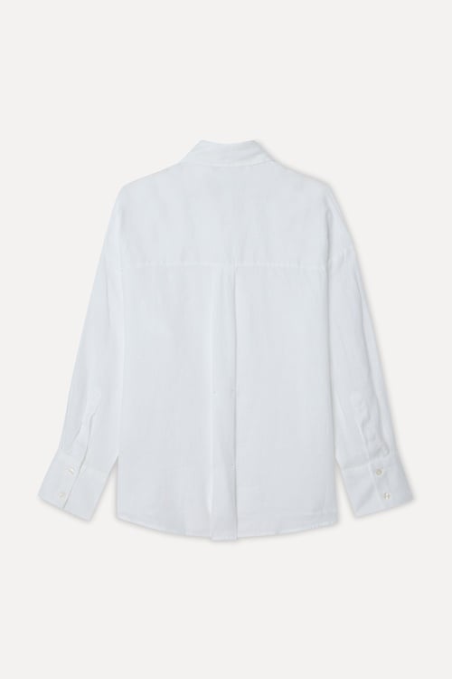 Kadın Beyaz Oversize Uzun Kollu Keten Gömlek