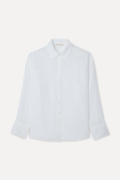 Kadın Beyaz Oversize Uzun Kollu Keten Gömlek