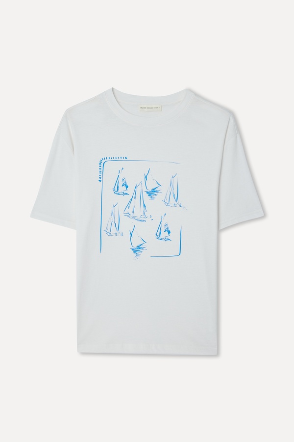 Kadın Kırık Beyaz Baskılı Bisiklet Yaka T-Shirt