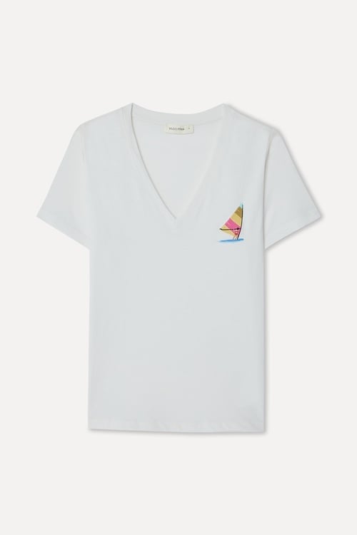 Kadın Kırık Beyaz Baskılı Bisiklet Yaka T-Shirt
