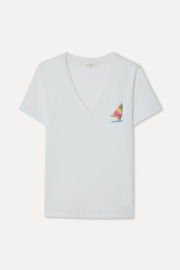 Kadın Kırık Beyaz Baskılı Bisiklet Yaka T-Shirt
