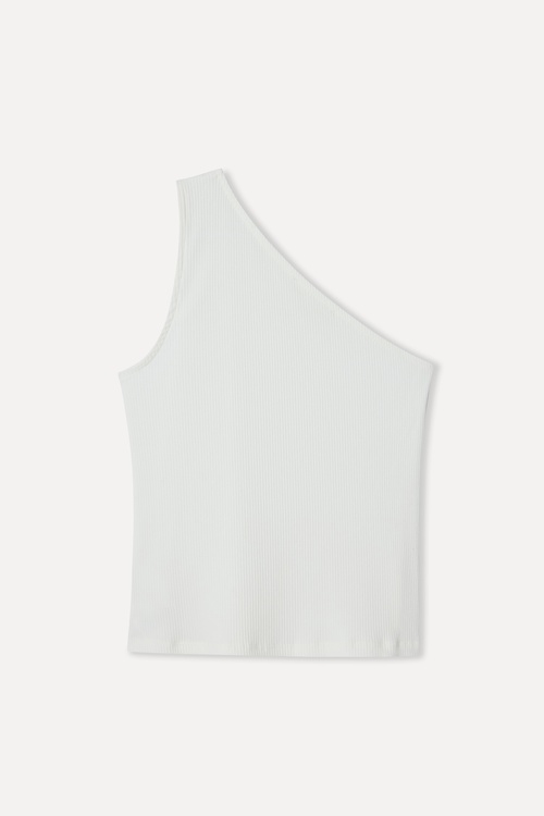 Kadın Kırık Beyaz Fitted Tek Omuz T-Shirt