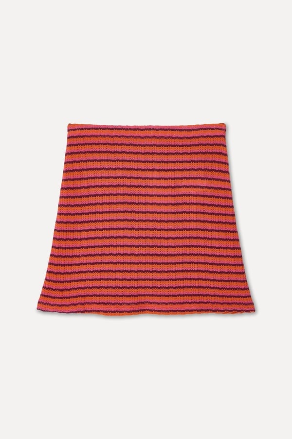 Kadın Turuncu Çizgili Örme Mini Etek