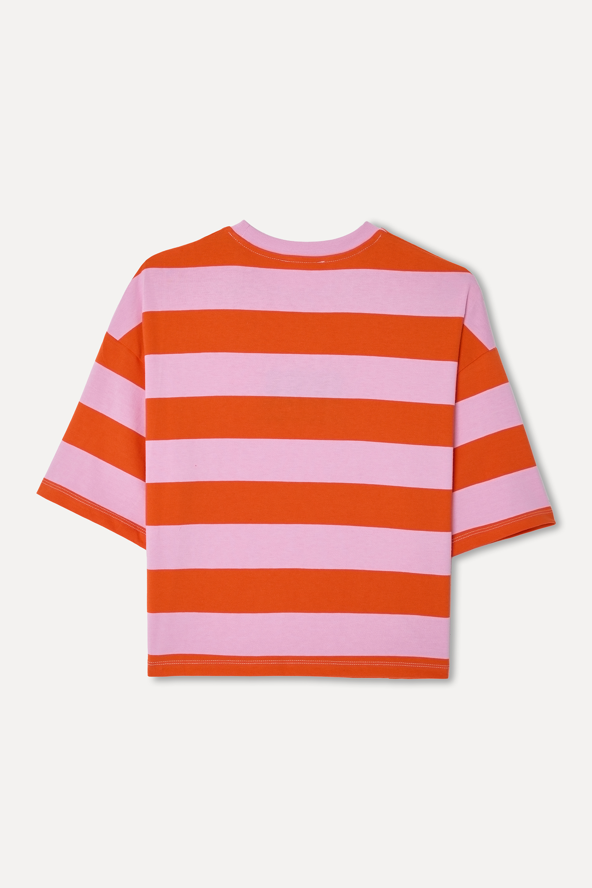 Kadın Pembe Çizgili Loose Fit Bisiklet Yaka T-Shirt
