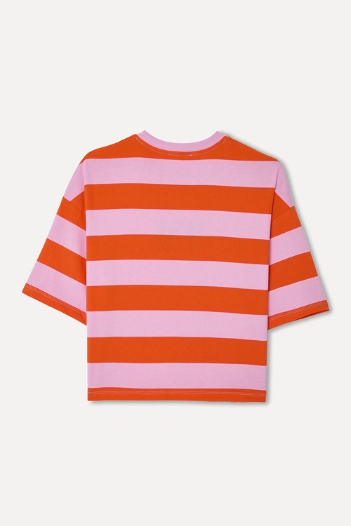 Kadın Pembe Çizgili Loose Fit Bisiklet Yaka T-Shirt