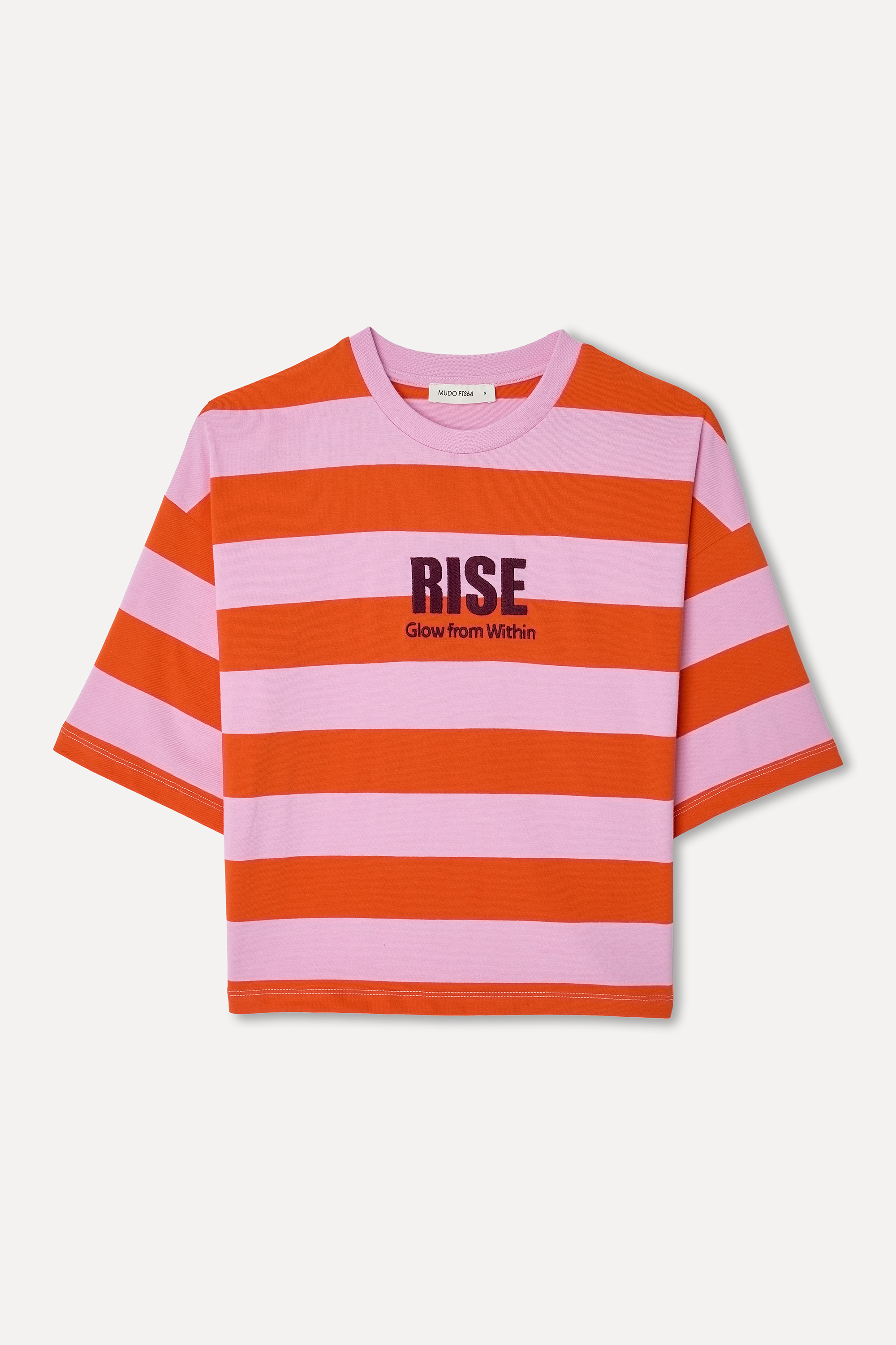 Kadın Pembe Çizgili Loose Fit Bisiklet Yaka T-Shirt