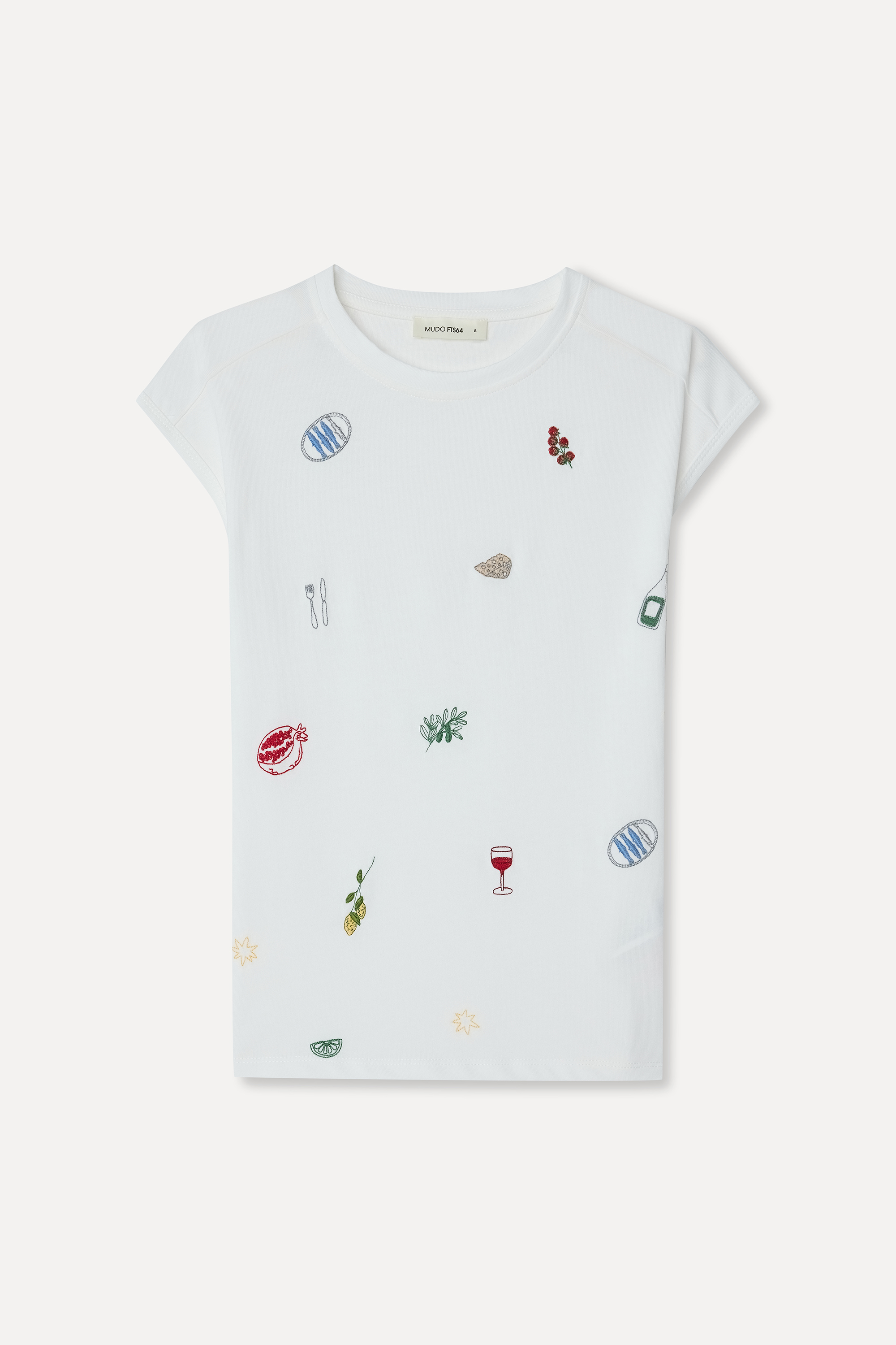 Kadın Kırık Beyaz Nakışlı Bisiklet Yaka T-Shirt