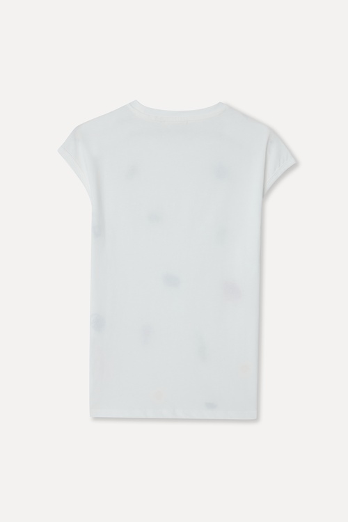 Kadın Kırık Beyaz Nakışlı Bisiklet Yaka T-Shirt