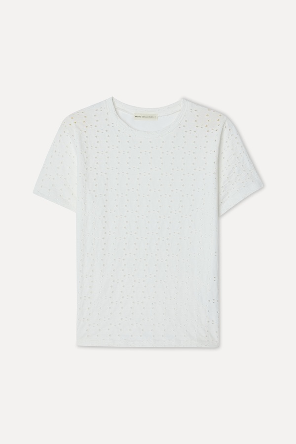 Kadın Kırık Beyaz Fisto Kumaş Bisiklet Yaka T-Shirt