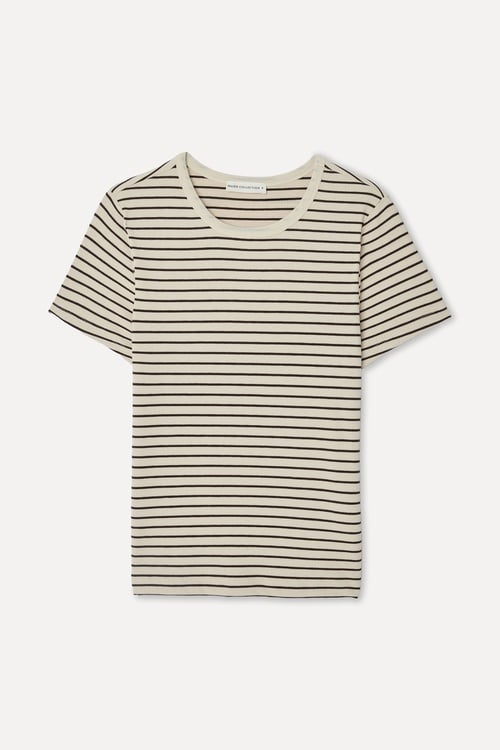 Kadın Sarı Çizgili Fitted Bisiklet Yaka T-Shirt