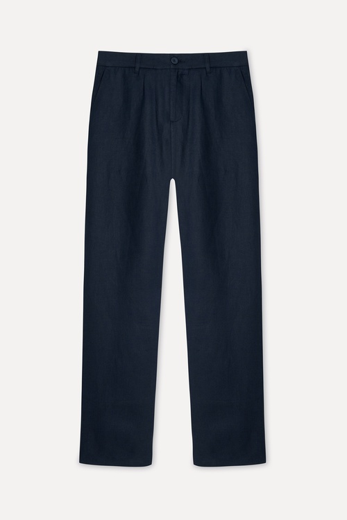 Erkek Lacivert Straight Fit Keten Pantolon