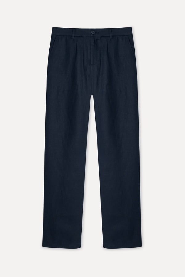 Erkek Lacivert Straight Fit Keten Pantolon