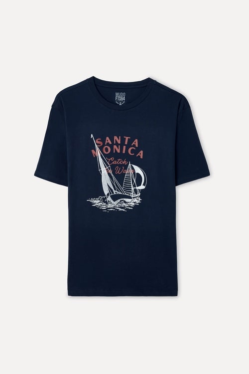 Erkek Lacivert Baskılı Oversize Bisiklet Yaka T-Shirt