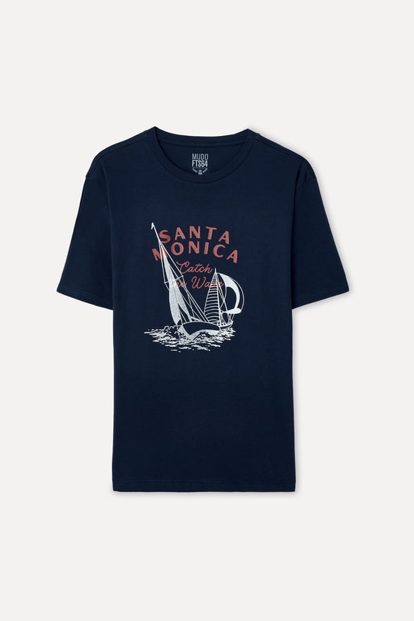 Erkek Lacivert Baskılı Oversize Bisiklet Yaka T-Shirt