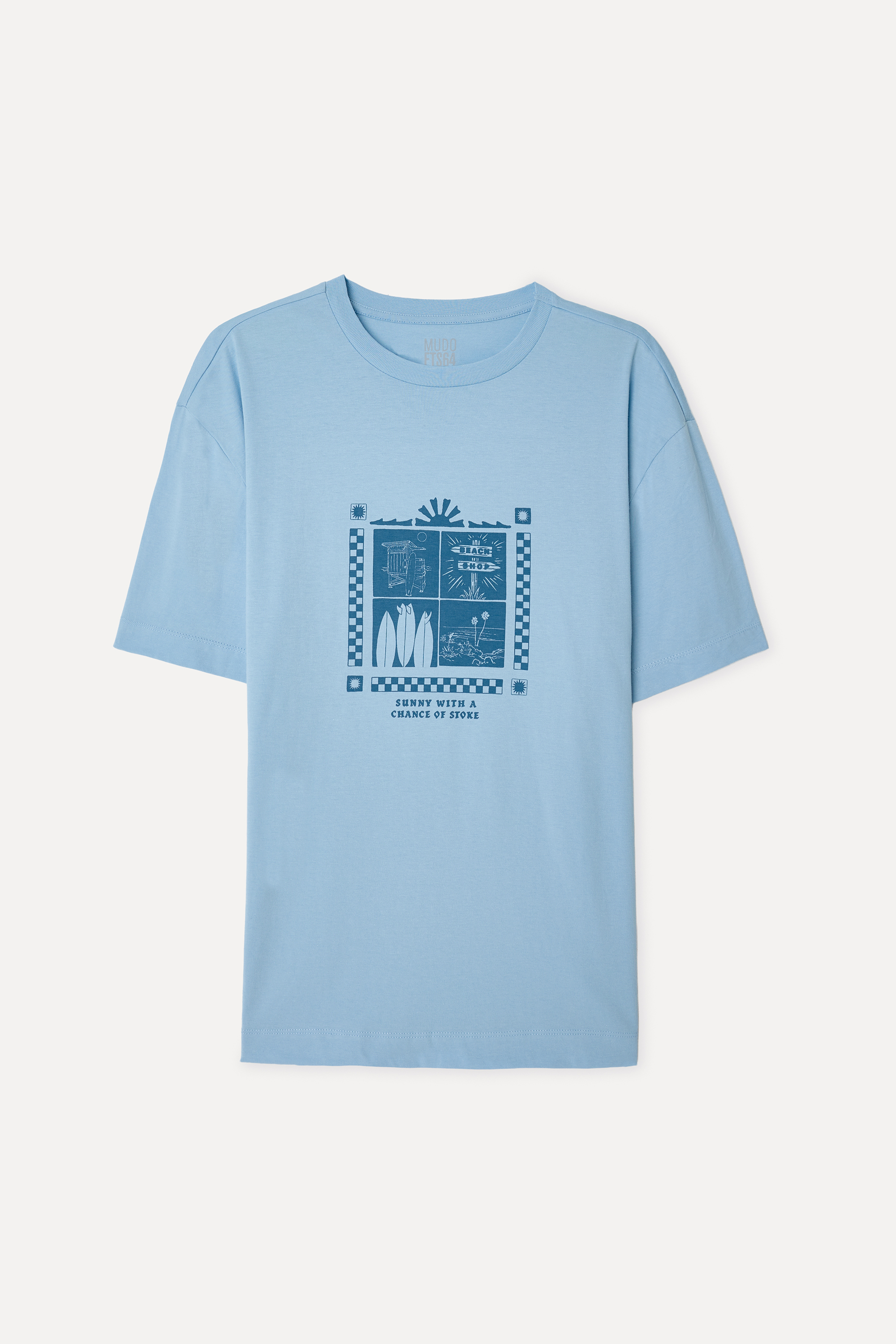 Erkek Mavi Baskılı Oversize Bisiklet Yaka T-Shirt