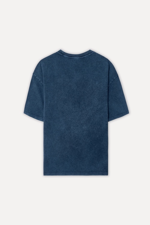  Erkek Lacivert Nakışlı Oversize Bisiklet Yaka T-Shirt