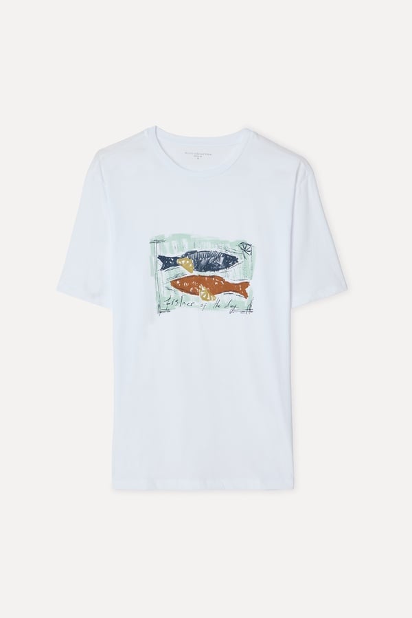 Erkek Beyaz Baskılı Bisiklet Yaka T-Shirt