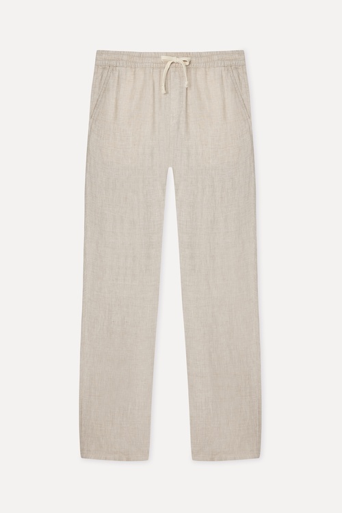Erkek Bej Rengi Beli Bağlamalı Straight Fit Keten Pantolon