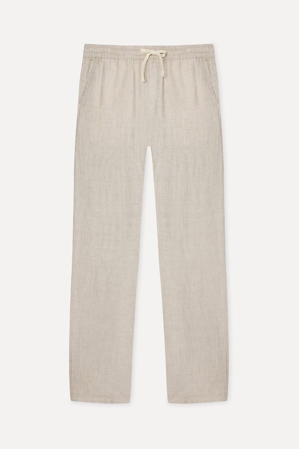 Erkek Bej Rengi Beli Bağlamalı Straight Fit Keten Pantolon