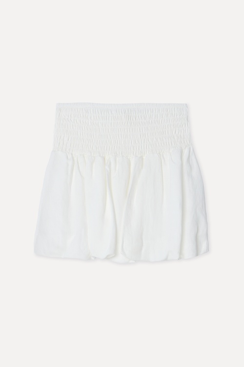Kadın Beyaz Comfort Fit Keten Karışımlı Mini Etek