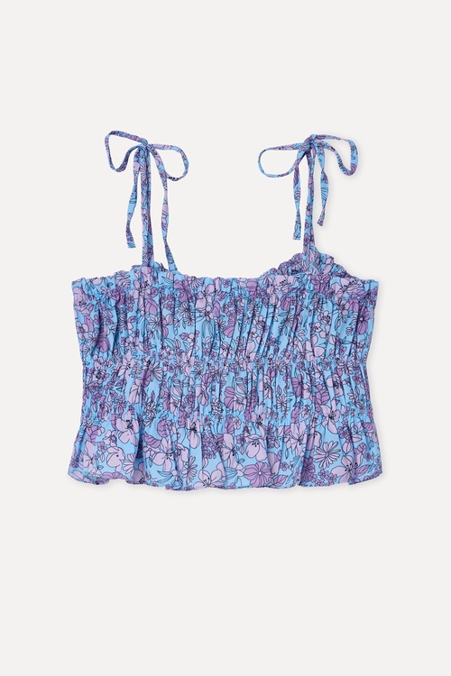 Kadın Mavi Desenli Bağlamalı Kolsuz Crop Bluz
