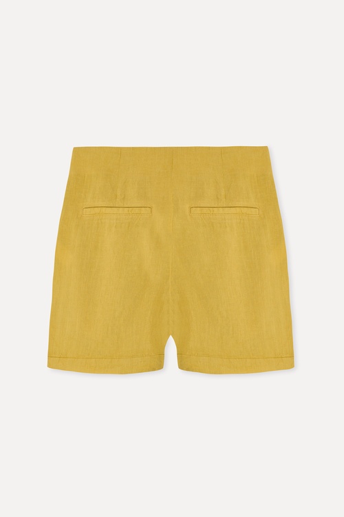 Kadın Hardal Rengi Comfort Fit Keten Şort