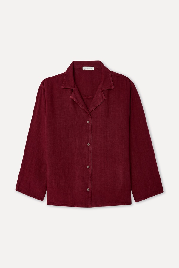 Kadın Bordo Oversize Resort Yaka Keten Gömlek