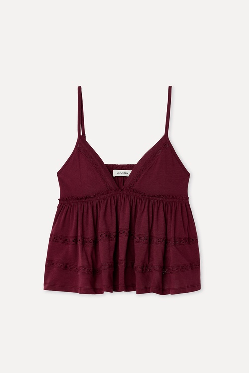 Kadın Bordo Fırfırlı Loose Fit V Yaka Kolsuz Bluz