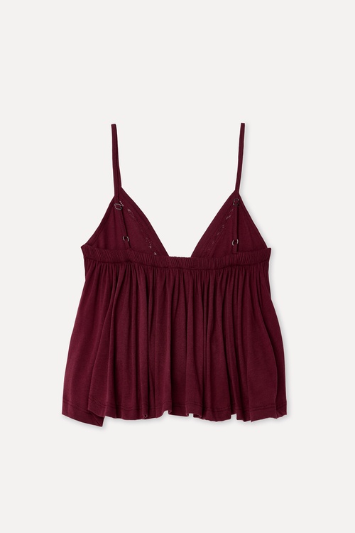 Kadın Bordo Fırfırlı Loose Fit V Yaka Kolsuz Bluz