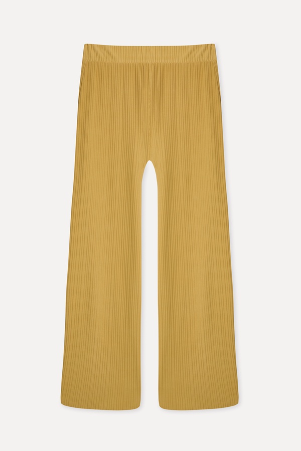 Kadın Hardal Rengi Wide Leg Modal Karışımlı Pantolon