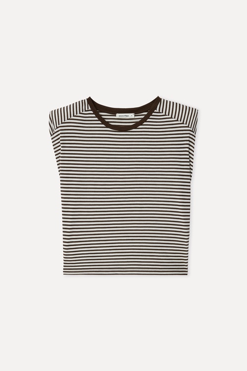 Kadın Kahverengi Çizgili Bisiklet Yaka T-Shirt
