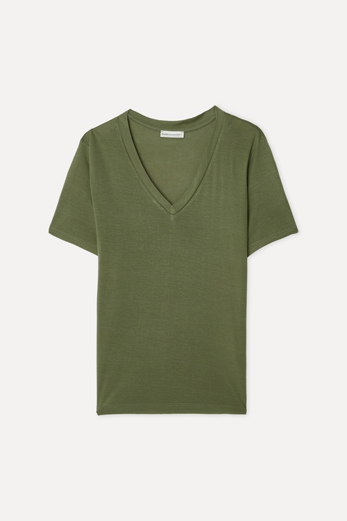 Kadın Haki V Yaka Modal T-Shirt
