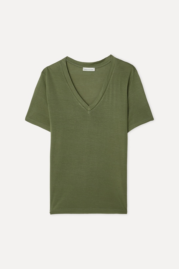 Kadın Haki V Yaka Modal T-Shirt