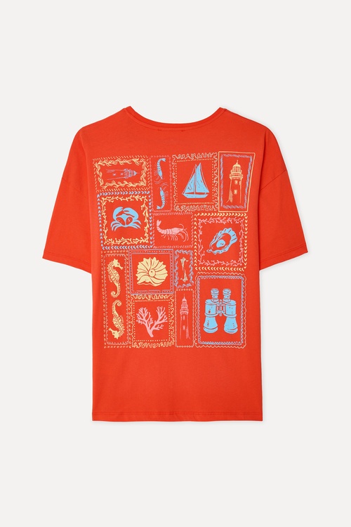Kadın Kırmızı Baskılı Loose Fit Bisiklet Yaka T-Shirt