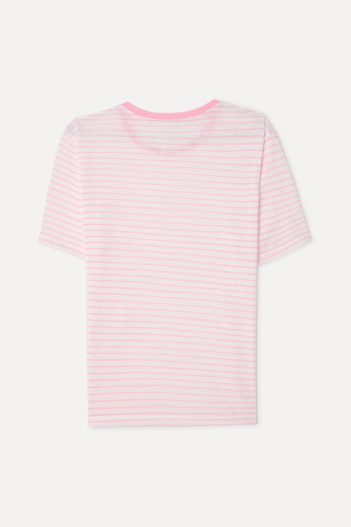 Kadın Pembe Çizgili Loose Fit Bisiklet Yaka T-Shirt
