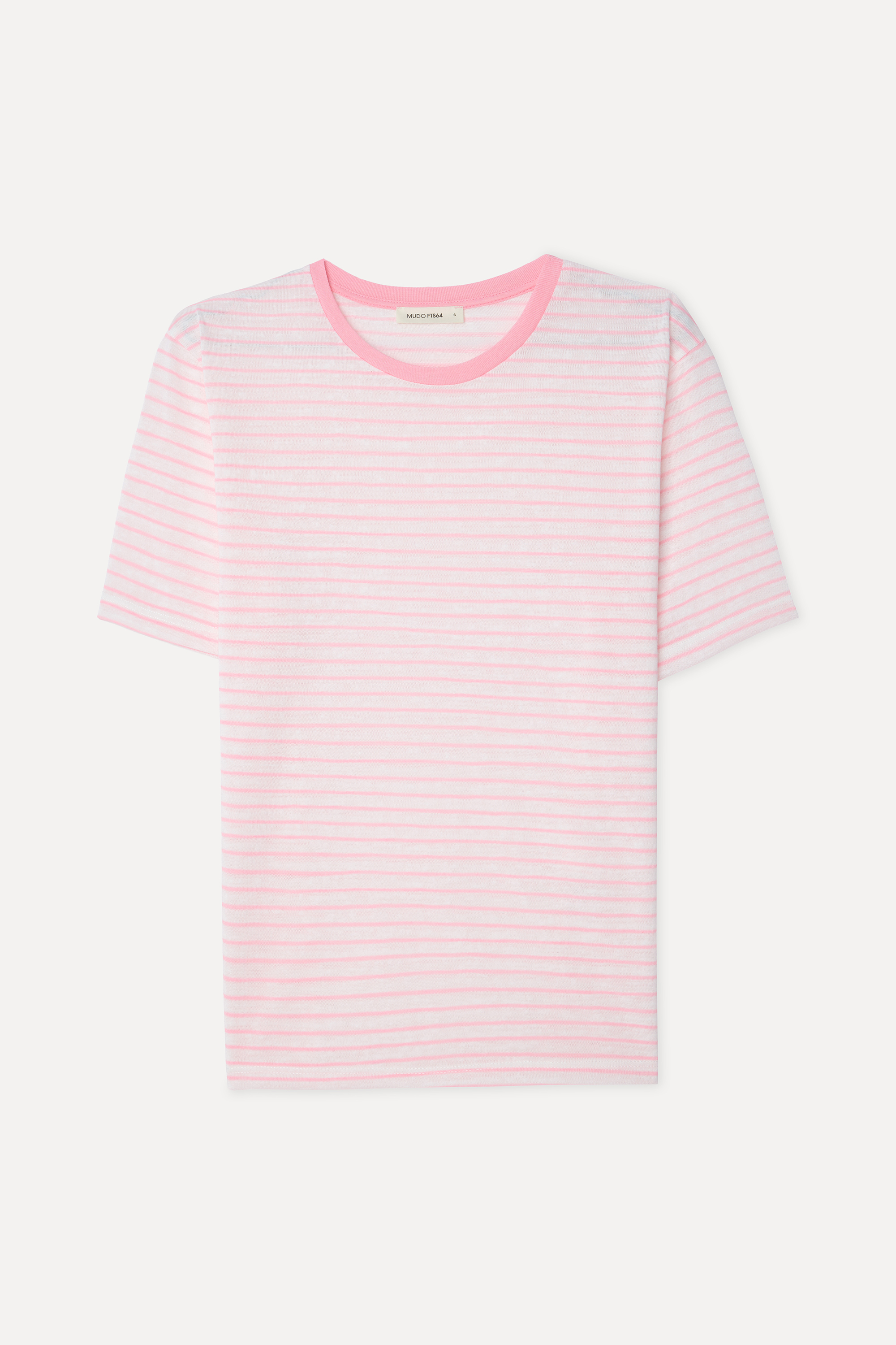 Kadın Pembe Çizgili Loose Fit Bisiklet Yaka T-Shirt