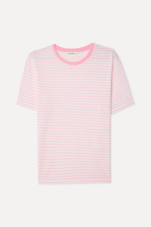 Kadın Pembe Çizgili Loose Fit Bisiklet Yaka T-Shirt