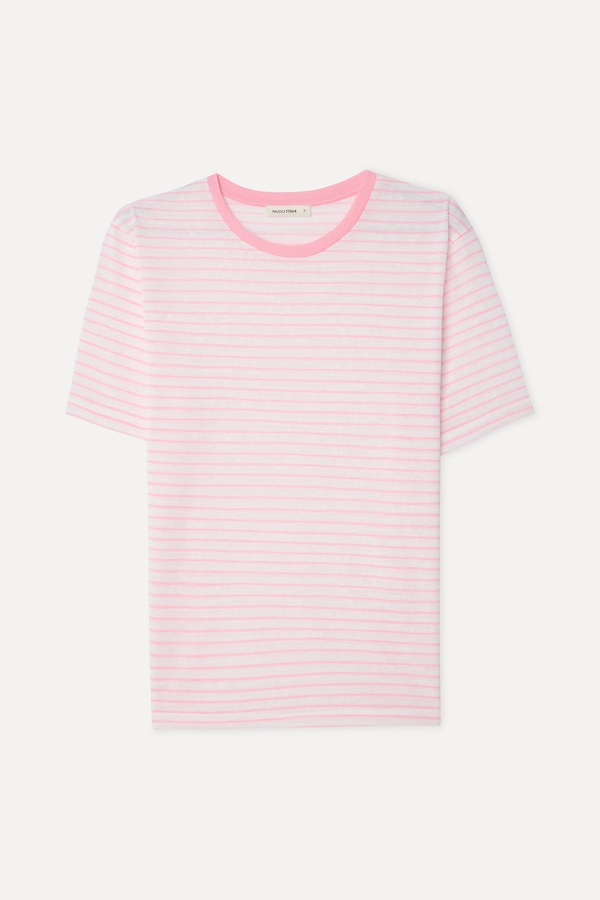 Kadın Pembe Çizgili Loose Fit Bisiklet Yaka T-Shirt