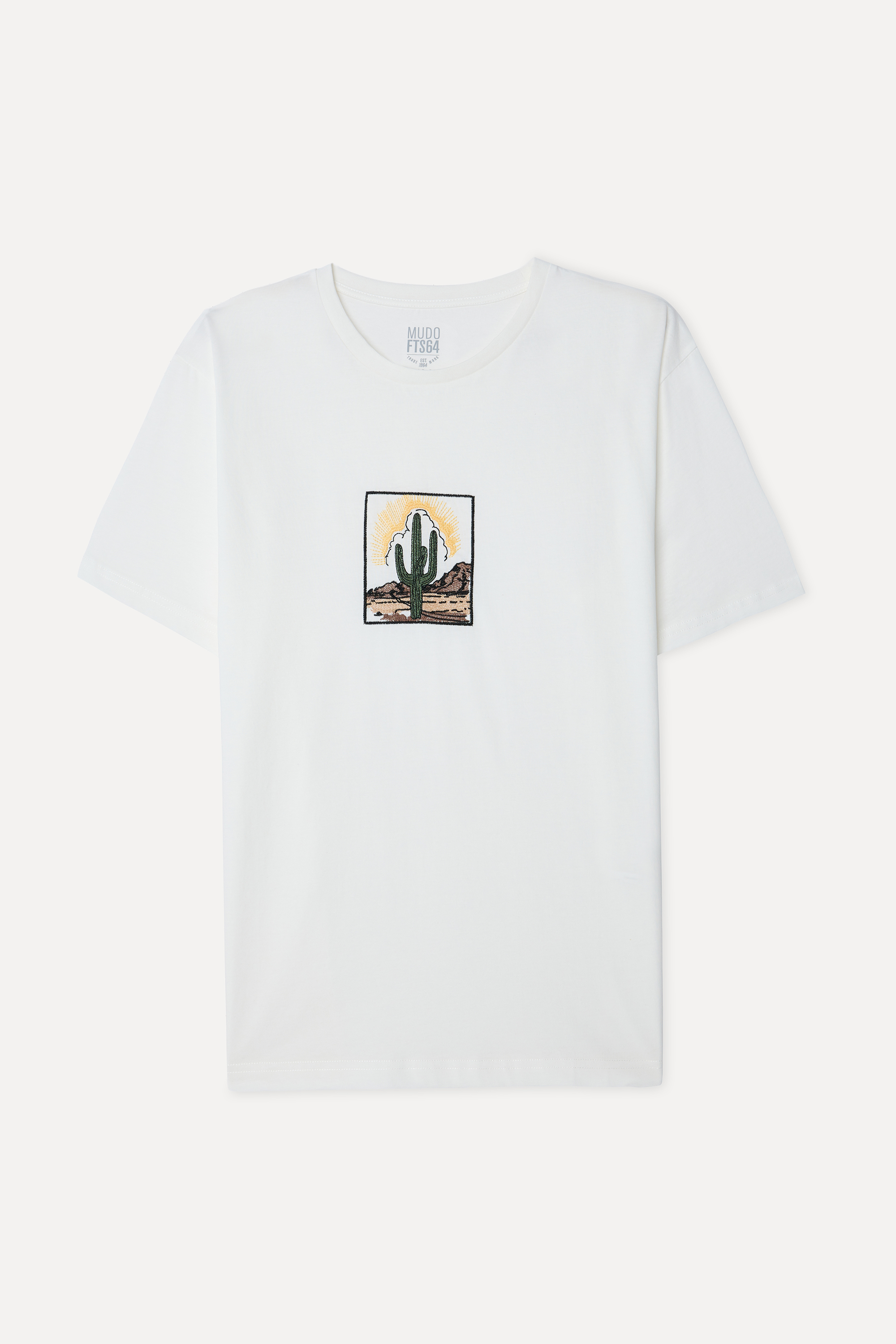 Erkek Taş Rengi Nakışlı Oversize Bisiklet Yaka T-Shirt