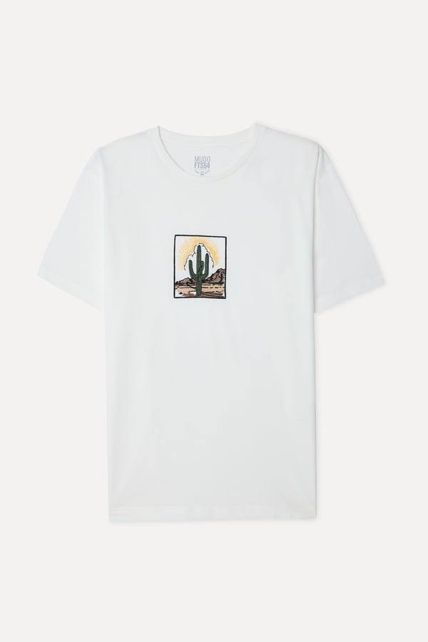 Erkek Taş Rengi Nakışlı Oversize Bisiklet Yaka T-Shirt