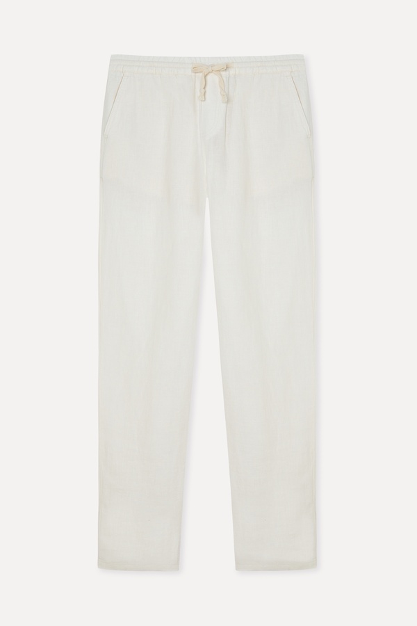 Erkek Taş Rengi Beli Bağlamalı Straight Fit Keten Pantolon