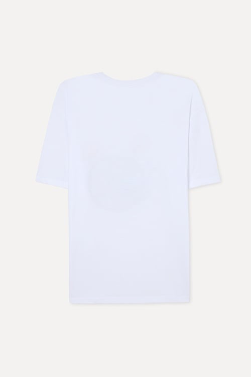 Erkek Beyaz Baskılı Oversize Bisiklet Yaka T-Shirt