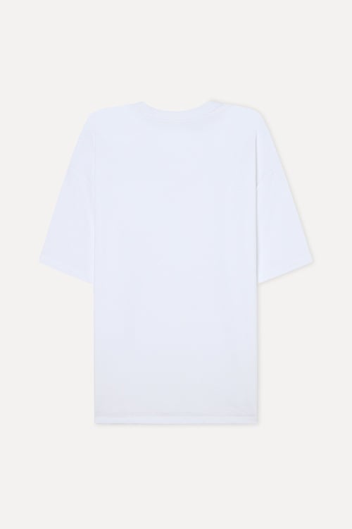 Erkek Beyaz Baskılı Oversize Bisiklet Yaka T-Shirt