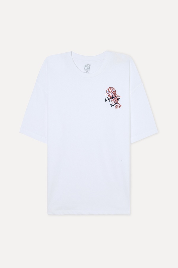 Erkek Beyaz Baskılı Oversize Bisiklet Yaka T-Shirt