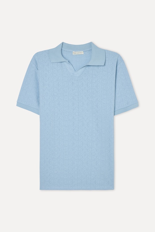 Erkek Mavi Polo Yaka Dokulu T-Shirt