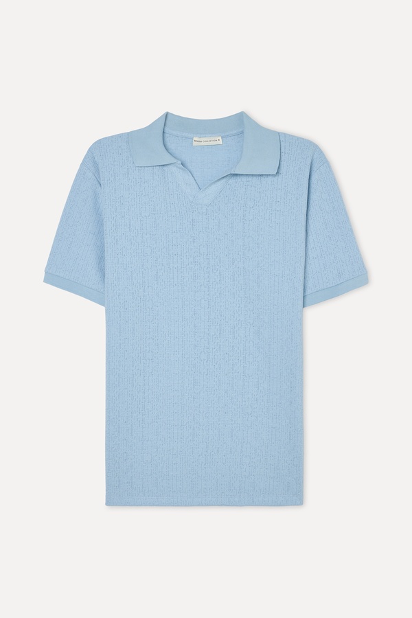 Erkek Mavi Polo Yaka Dokulu T-Shirt