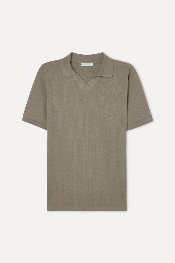 Erkek Vizon Rengi Polo Yaka Dokulu T-Shirt