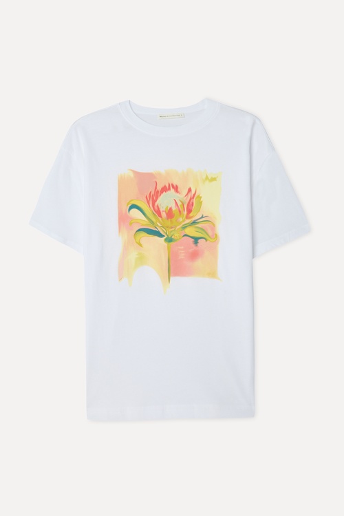 Kadın Beyaz Baskılı Loose Fit Bisiklet Yaka T-Shirt
