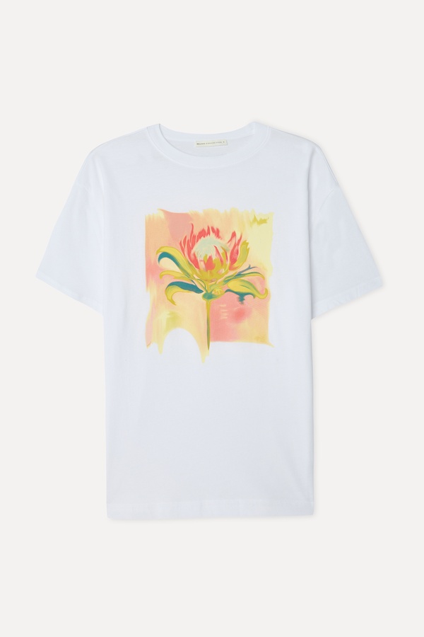 Kadın Beyaz Baskılı Loose Fit Bisiklet Yaka T-Shirt