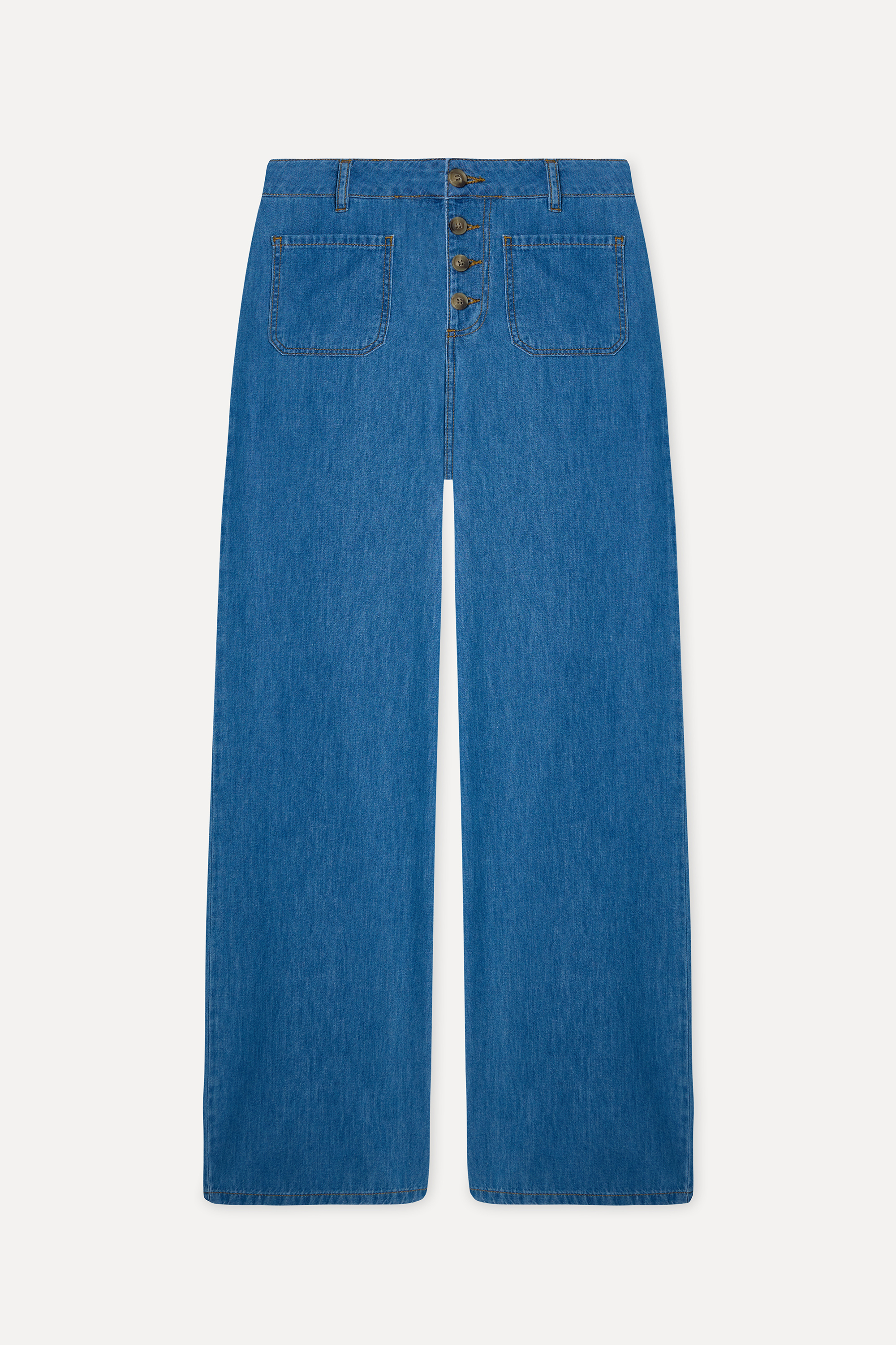 Kadın İndigo Düğme Kapama Straight Fit Jean Pantolon